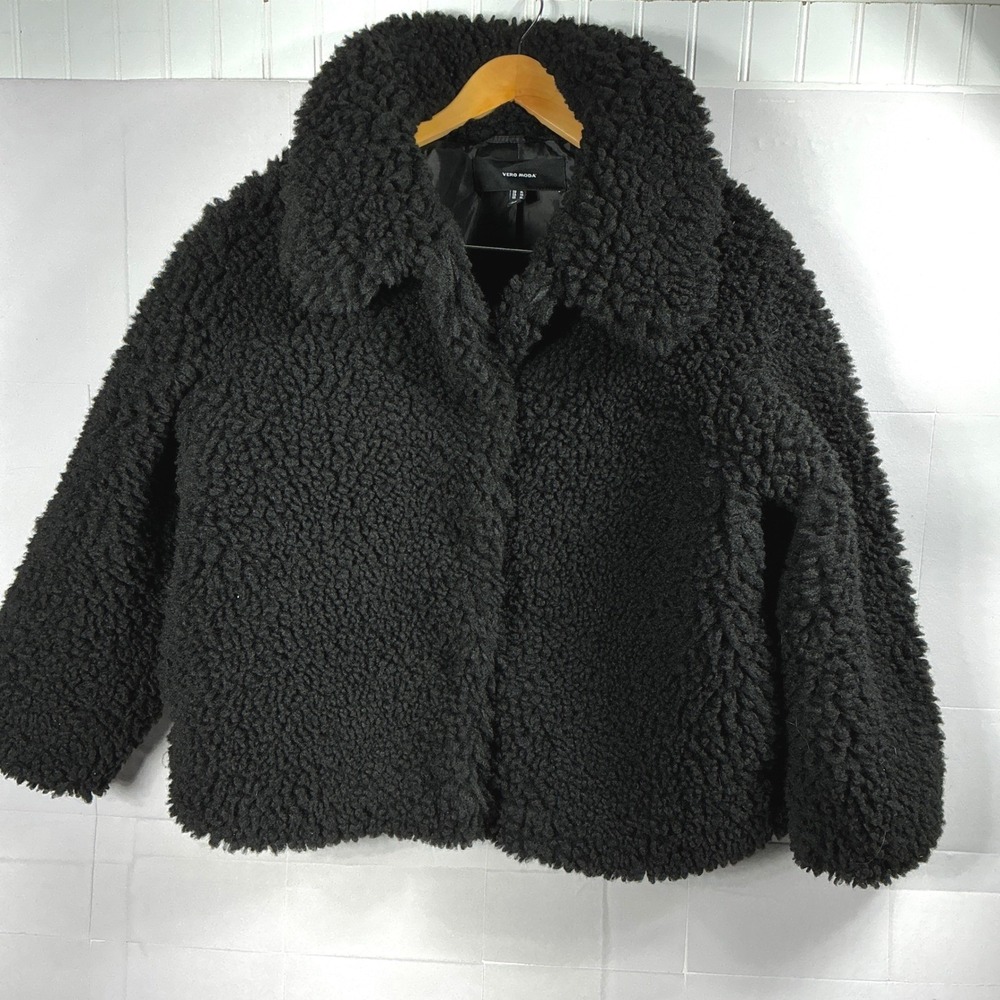 VERO MODA Size XL Elvira Faux Shearling Teddy Jacket Black Fleece Coat